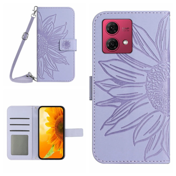 For Motorola Edge 40 Neo HT04 Skin Feel Sun Flower Embossed Flip Leather Phone Case with Lanyard
