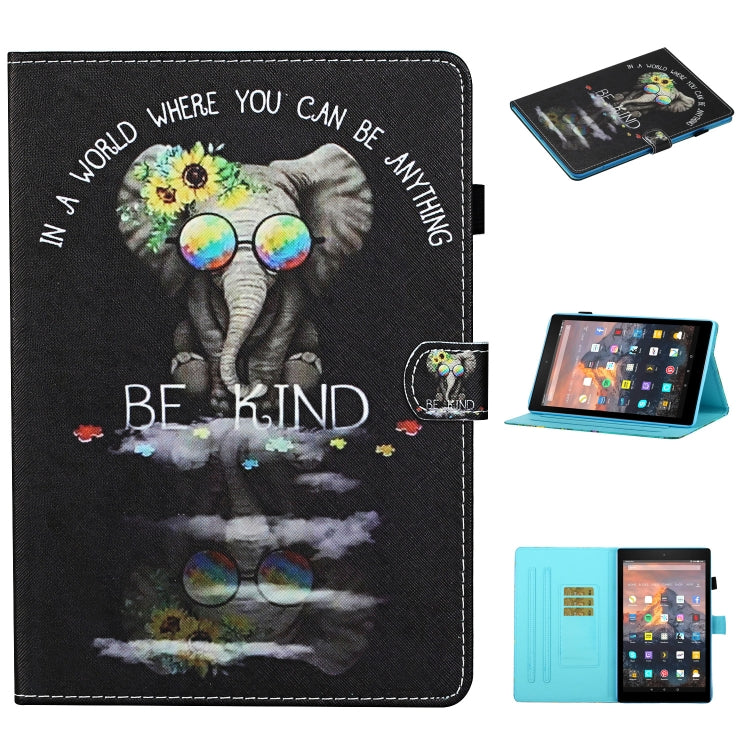 For Kindle Fire HD10 2015 / 2017 / 2019 Colored Drawing Stitching Horizontal Flip Leather Case with Holder & Card Slots & Sleep / Wake-up Function