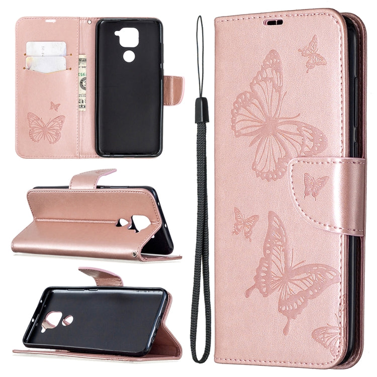 For Xiaomi Redmi Note 9 Two Butterflies Embossing Pattern Horizontal Flip Leather Case with Holder & Card Slot & Wallet & Lanyard