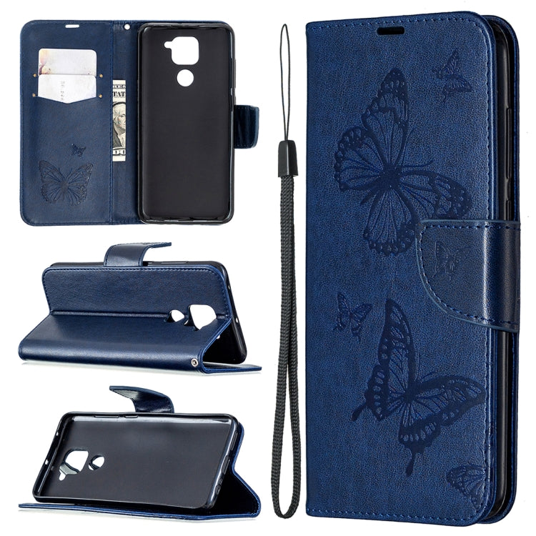 For Xiaomi Redmi Note 9 Two Butterflies Embossing Pattern Horizontal Flip Leather Case with Holder & Card Slot & Wallet & Lanyard