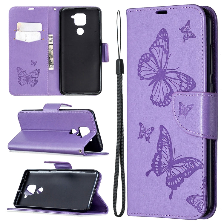 For Xiaomi Redmi Note 9 Two Butterflies Embossing Pattern Horizontal Flip Leather Case with Holder & Card Slot & Wallet & Lanyard