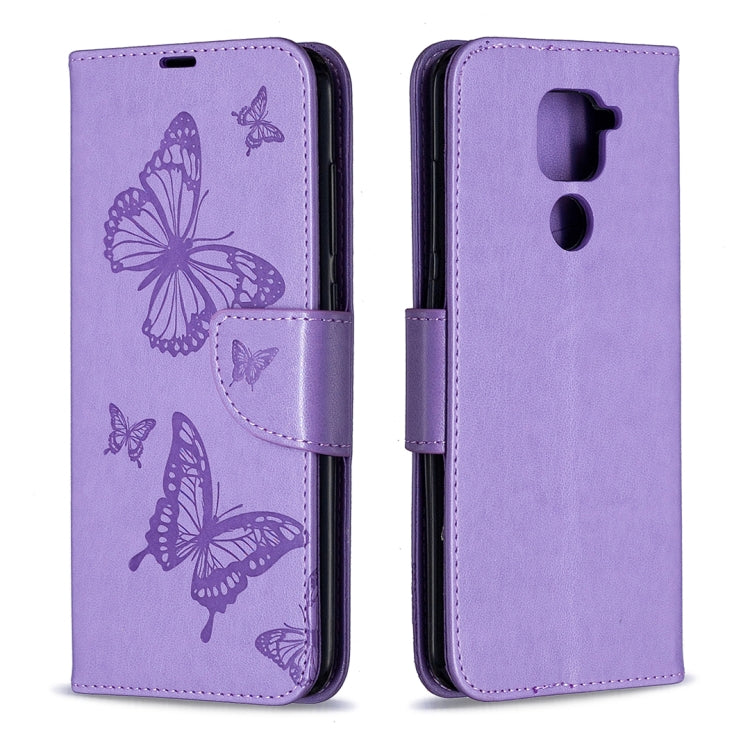 For Xiaomi Redmi Note 9 Two Butterflies Embossing Pattern Horizontal Flip Leather Case with Holder & Card Slot & Wallet & Lanyard