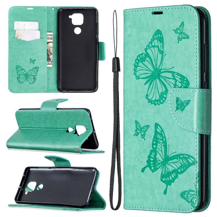 For Xiaomi Redmi Note 9 Two Butterflies Embossing Pattern Horizontal Flip Leather Case with Holder & Card Slot & Wallet & Lanyard