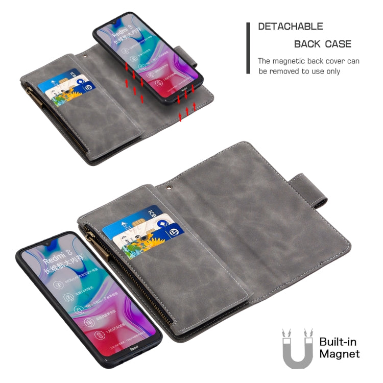 For Xiaomi Redmi 8A Skin Feel Detachable Magnetic Zipper Horizontal Flip PU Leather Case with Multi-Card Slots & Holder & Wallet & Photo Frame & Lanyard