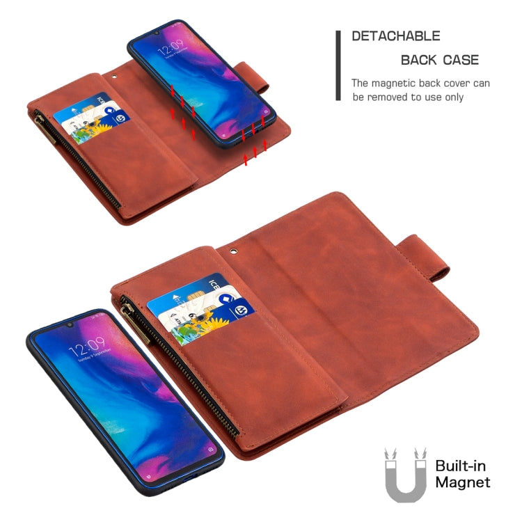 For Xiaomi Redmi Note 7 Skin Feel Detachable Magnetic Zipper Horizontal Flip PU Leather Case with Multi-Card Slots & Holder & Wallet & Photo Frame & Lanyard