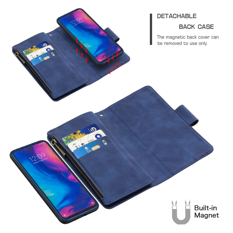 For Xiaomi Redmi Note 7 Skin Feel Detachable Magnetic Zipper Horizontal Flip PU Leather Case with Multi-Card Slots & Holder & Wallet & Photo Frame & Lanyard