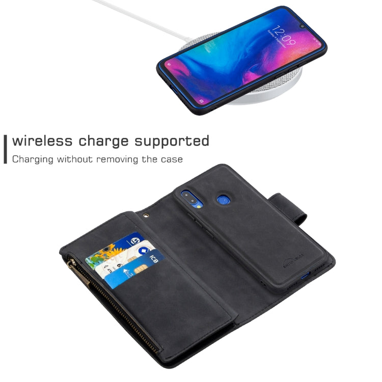 For Xiaomi Redmi Note 7 Skin Feel Detachable Magnetic Zipper Horizontal Flip PU Leather Case with Multi-Card Slots & Holder & Wallet & Photo Frame & Lanyard