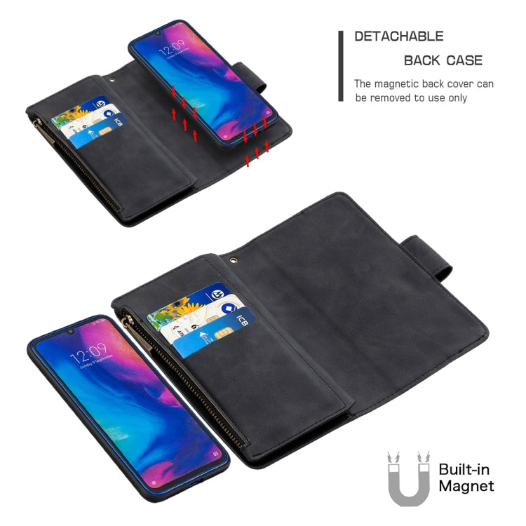 For Xiaomi Redmi Note 7 Skin Feel Detachable Magnetic Zipper Horizontal Flip PU Leather Case with Multi-Card Slots & Holder & Wallet & Photo Frame & Lanyard