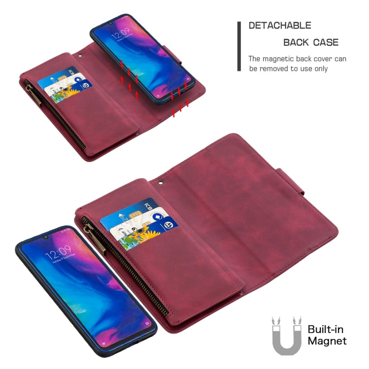For Xiaomi Redmi Note 7 Skin Feel Detachable Magnetic Zipper Horizontal Flip PU Leather Case with Multi-Card Slots & Holder & Wallet & Photo Frame & Lanyard