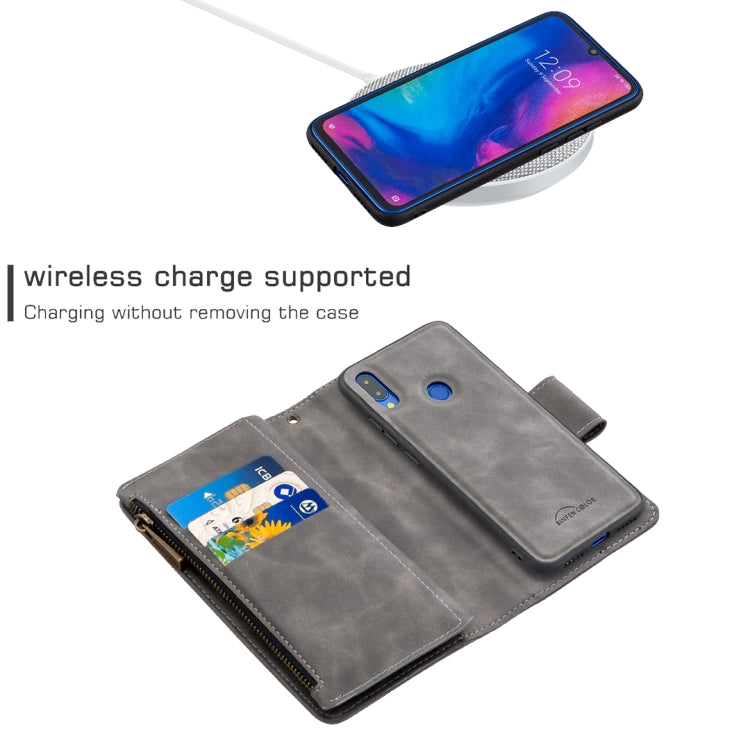 For Xiaomi Redmi Note 7 Skin Feel Detachable Magnetic Zipper Horizontal Flip PU Leather Case with Multi-Card Slots & Holder & Wallet & Photo Frame & Lanyard