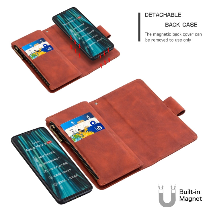 For Xiaomi Redmi Note 8 Pro Skin Feel Detachable Magnetic Zipper Horizontal Flip PU Leather Case with Multi-Card Slots & Holder & Wallet & Photo Frame & Lanyard