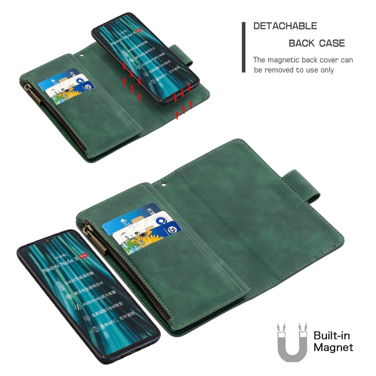 For Xiaomi Redmi Note 8 Pro Skin Feel Detachable Magnetic Zipper Horizontal Flip PU Leather Case with Multi-Card Slots & Holder & Wallet & Photo Frame & Lanyard