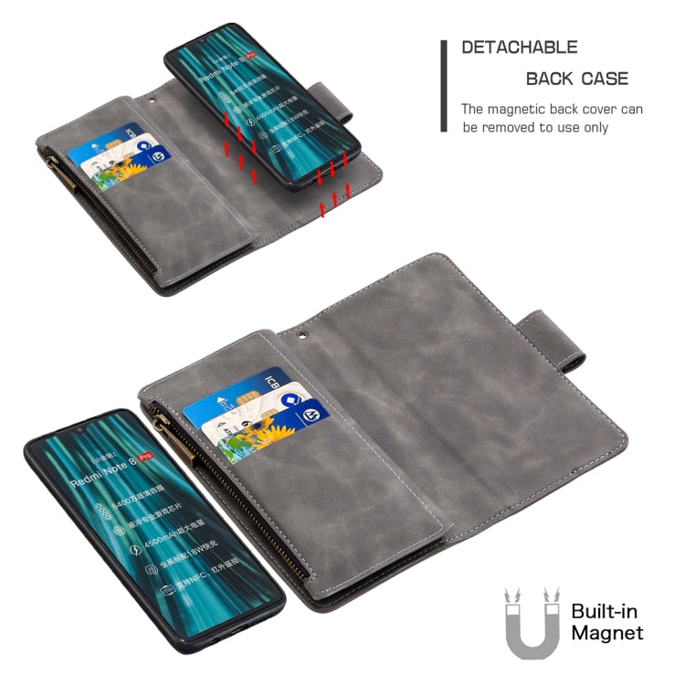 For Xiaomi Redmi Note 8 Pro Skin Feel Detachable Magnetic Zipper Horizontal Flip PU Leather Case with Multi-Card Slots & Holder & Wallet & Photo Frame & Lanyard