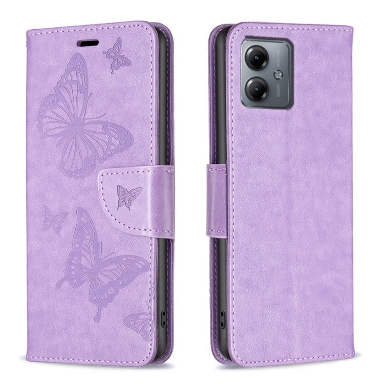 For Motorola Moto G14 4G Embossing Two Butterflies Pattern Leather Phone Case