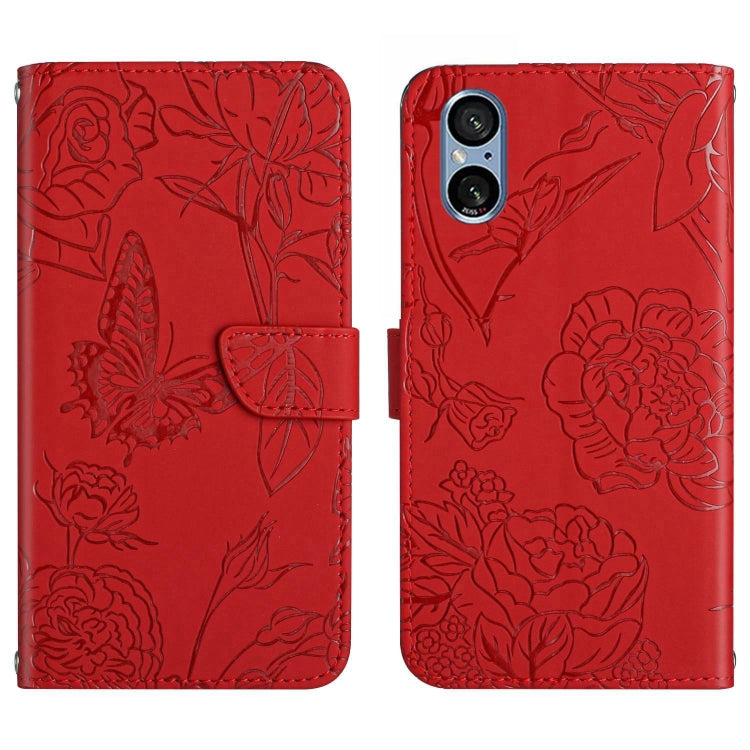 For Sony Xperia 5 V HT03 Skin Feel Butterfly Embossed Flip Leather Phone Case