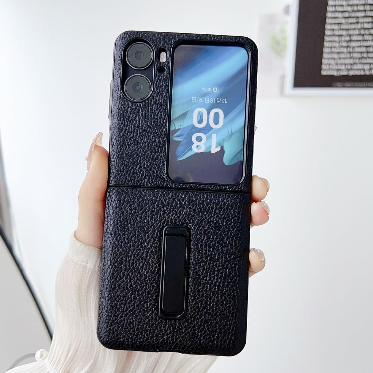 For OPPO Find N2 Flip Litchi Texture PU Shockproof Phone Case with Holder