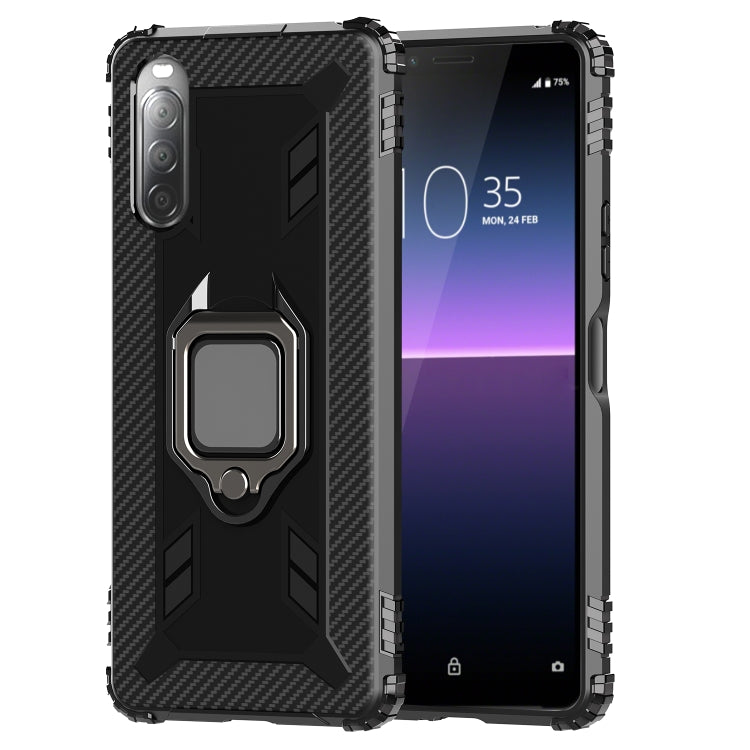 For Sony Xperia L4 Carbon Fiber Protective Case with 360 Degree Rotating Ring Holder