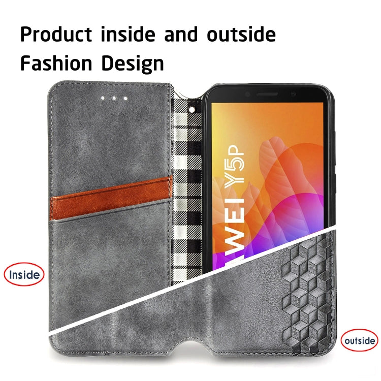 For Huawei Y5P(2020) Cubic Grid Pressed Horizontal Flip Magnetic Leather Case with Holder & Card Slots & Wallet