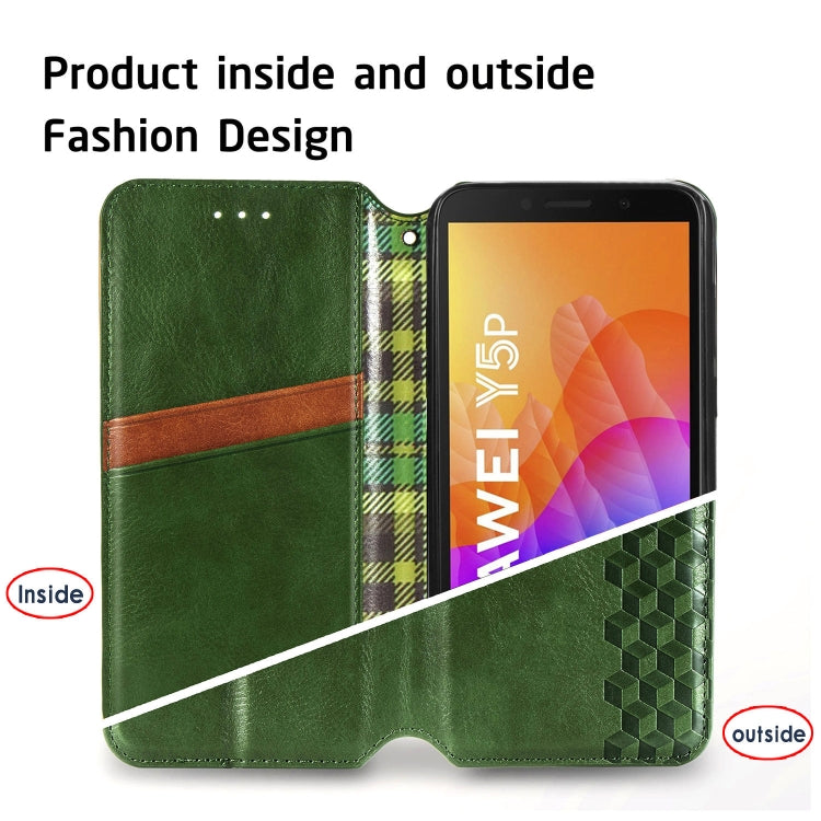 For Huawei Y5P(2020) Cubic Grid Pressed Horizontal Flip Magnetic Leather Case with Holder & Card Slots & Wallet