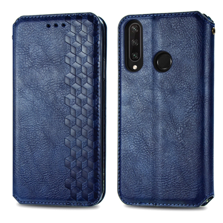 For Huawei Y6P Cubic Grid Pressed Horizontal Flip Magnetic Leather Case with Holder & Card Slots & Wallet