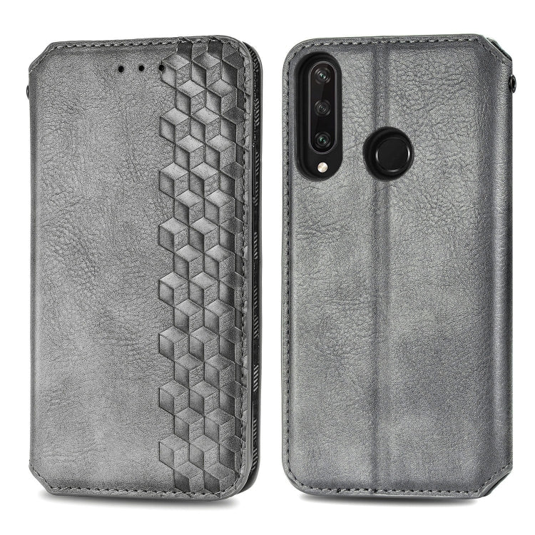 For Huawei Y6P Cubic Grid Pressed Horizontal Flip Magnetic Leather Case with Holder & Card Slots & Wallet