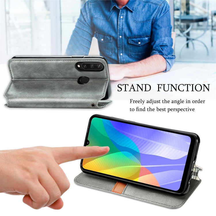 For Huawei Y6P Cubic Grid Pressed Horizontal Flip Magnetic Leather Case with Holder & Card Slots & Wallet