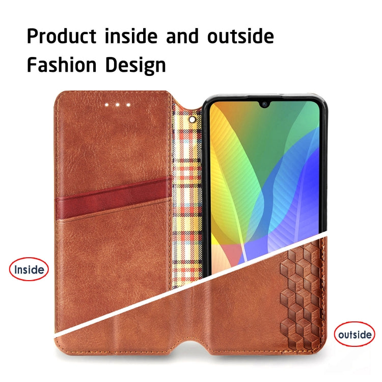 For Huawei Y6P Cubic Grid Pressed Horizontal Flip Magnetic Leather Case with Holder & Card Slots & Wallet