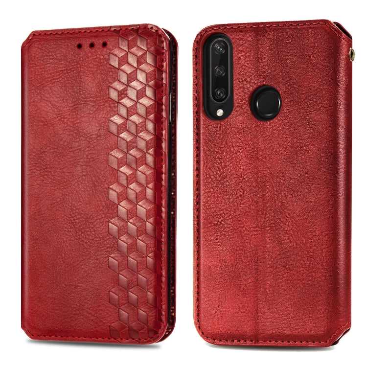 For Huawei Y6P Cubic Grid Pressed Horizontal Flip Magnetic Leather Case with Holder & Card Slots & Wallet