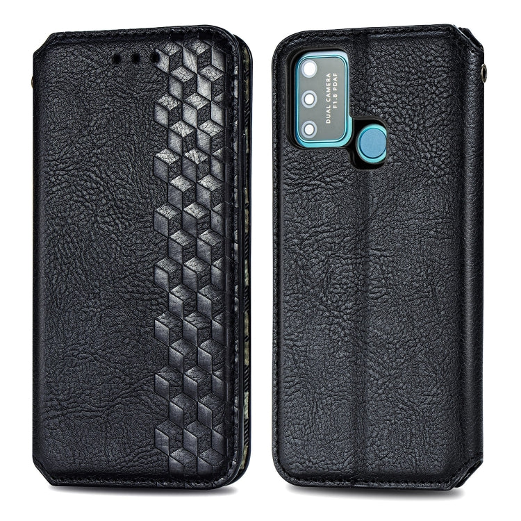For Huawei Honor 9A Cubic Grid Pressed Horizontal Flip Magnetic Leather Case with Holder & Card Slots & Wallet