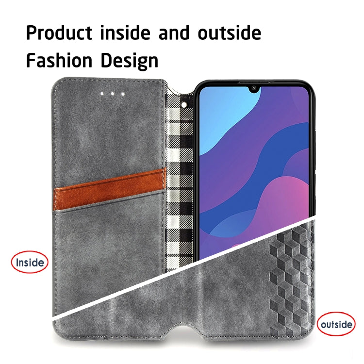 For Huawei Honor 9A Cubic Grid Pressed Horizontal Flip Magnetic Leather Case with Holder & Card Slots & Wallet