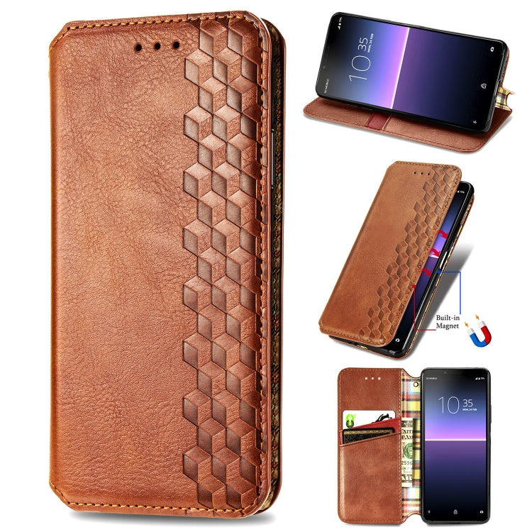 For Sony Xperia 10 II Cubic Grid Pressed Horizontal Flip Magnetic Leather Case with Holder & Card Slots & Wallet