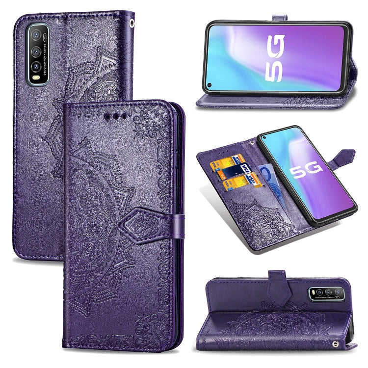 For Vivo Y70s Halfway Mandala Embossing Pattern Horizontal Flip PU Leather Case with Card Slots & Holder & Wallet