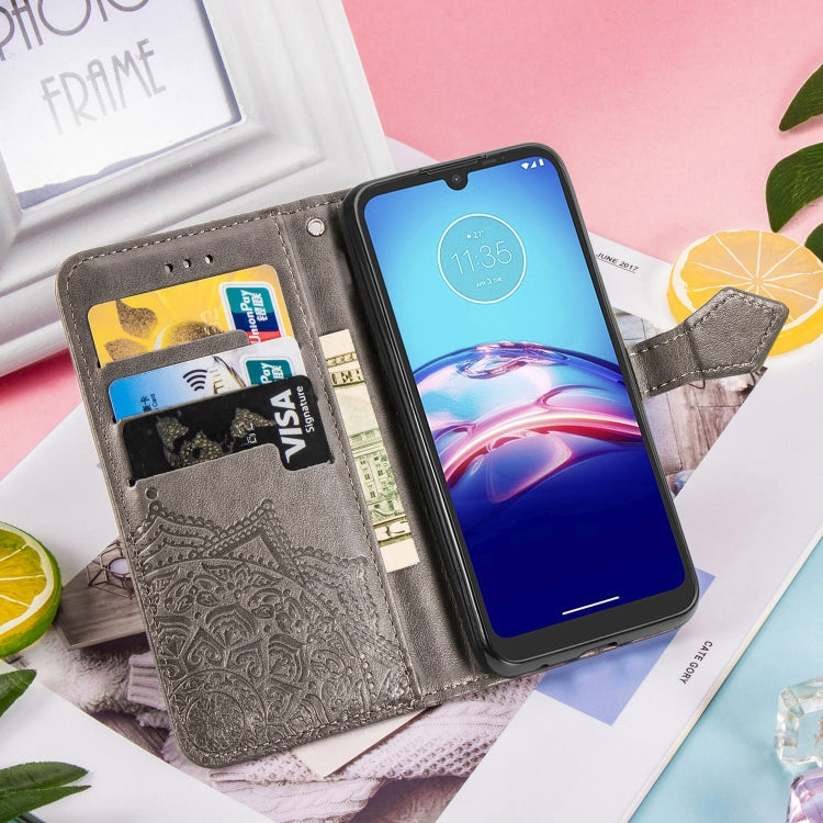 For Motorola Moto E6s (2020) Halfway Mandala Embossing Pattern Horizontal Flip PU Leather Case with Card Slots & Holder & Wallet