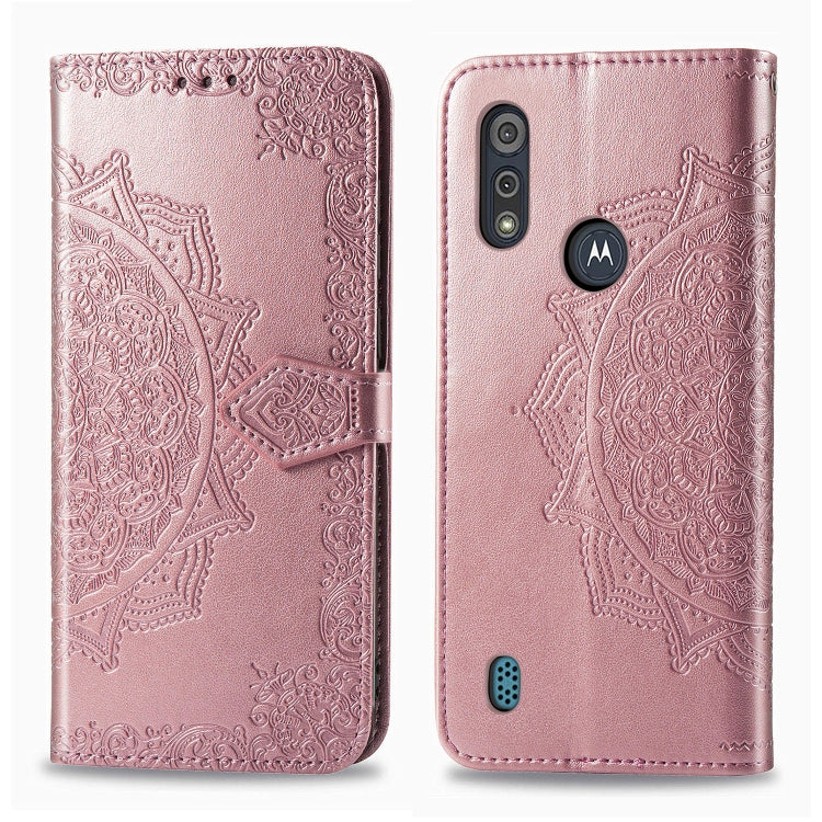 For Motorola Moto E6s (2020) Halfway Mandala Embossing Pattern Horizontal Flip PU Leather Case with Card Slots & Holder & Wallet