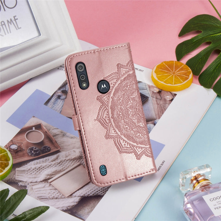 For Motorola Moto E6s (2020) Halfway Mandala Embossing Pattern Horizontal Flip PU Leather Case with Card Slots & Holder & Wallet