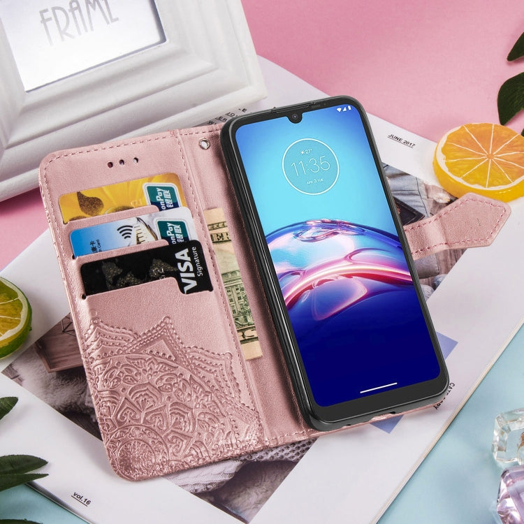 For Motorola Moto E6s (2020) Halfway Mandala Embossing Pattern Horizontal Flip PU Leather Case with Card Slots & Holder & Wallet