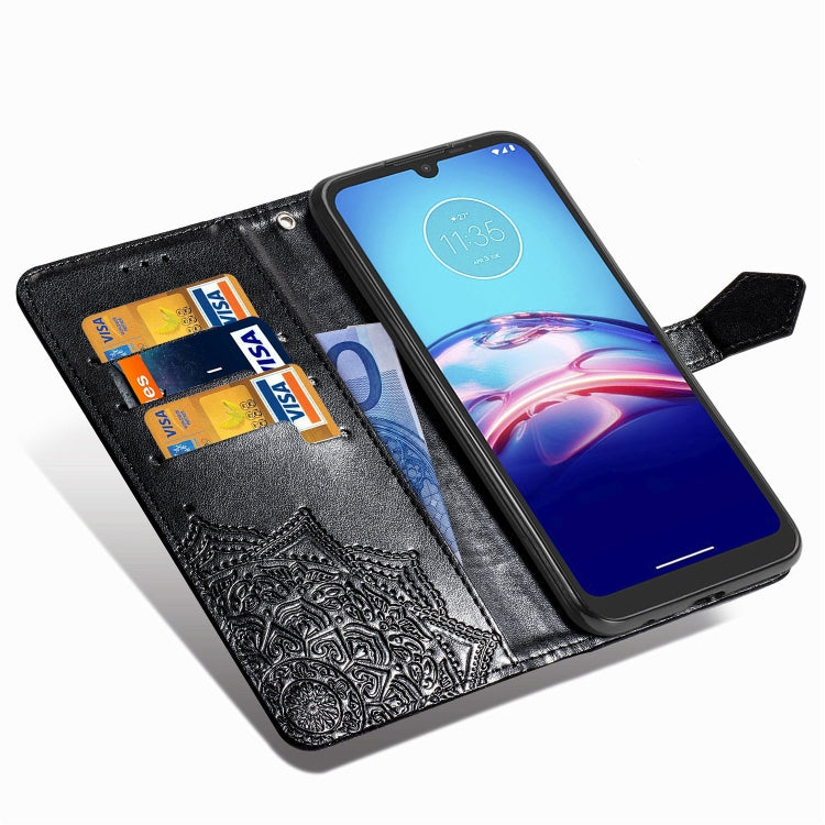 For Motorola Moto E6s (2020) Halfway Mandala Embossing Pattern Horizontal Flip PU Leather Case with Card Slots & Holder & Wallet