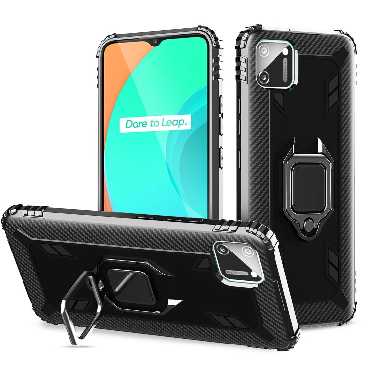 For OPPO Realme C11 Carbon Fiber Protective Case with 360 Degree Rotating Ring Holder