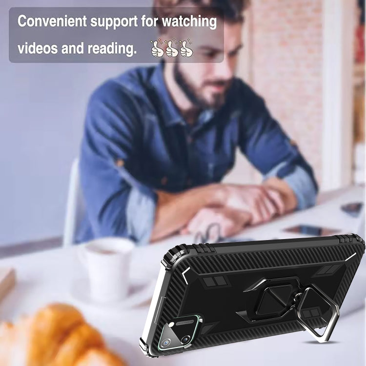 For OPPO Realme C11 Carbon Fiber Protective Case with 360 Degree Rotating Ring Holder