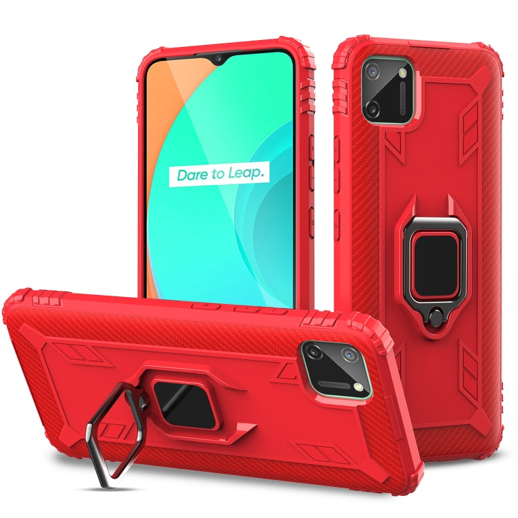 For OPPO Realme C11 Carbon Fiber Protective Case with 360 Degree Rotating Ring Holder