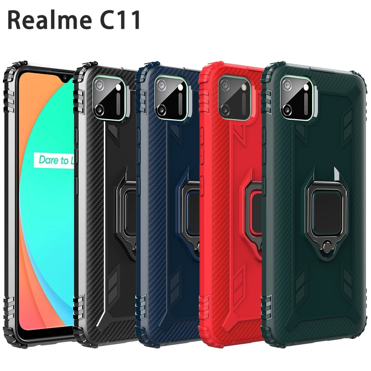 For OPPO Realme C11 Carbon Fiber Protective Case with 360 Degree Rotating Ring Holder