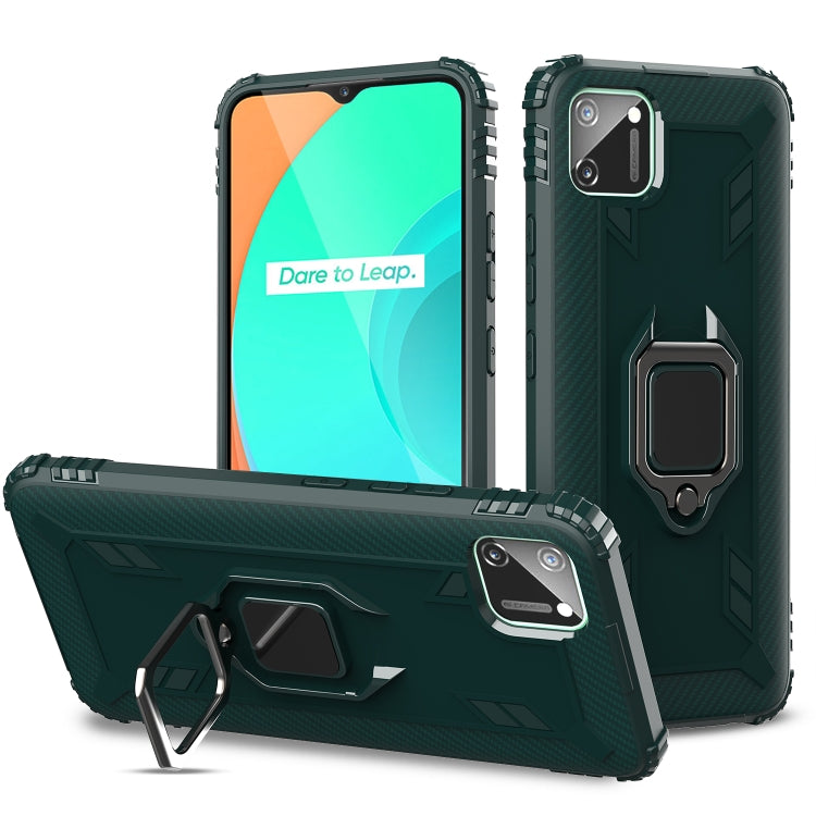 For OPPO Realme C11 Carbon Fiber Protective Case with 360 Degree Rotating Ring Holder