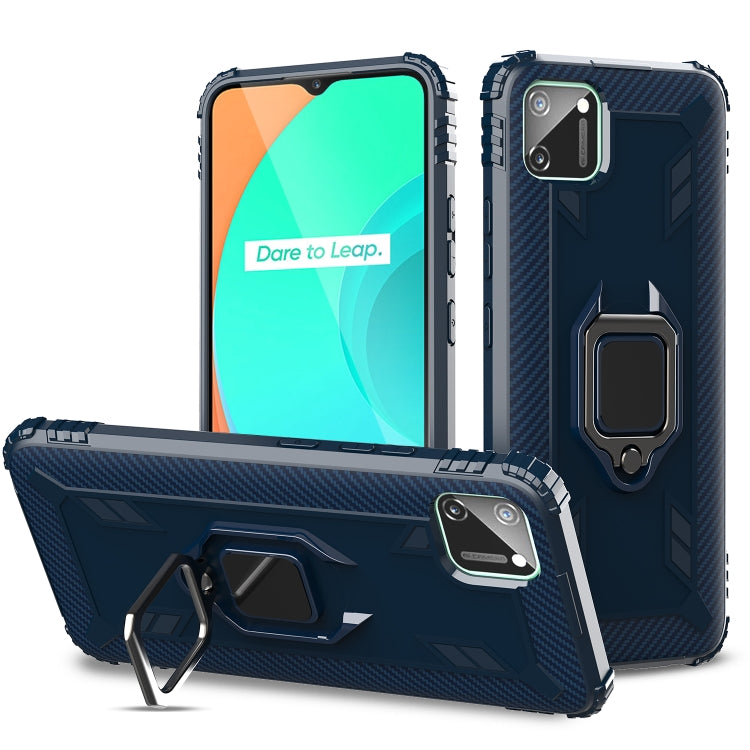 For OPPO Realme C11 Carbon Fiber Protective Case with 360 Degree Rotating Ring Holder