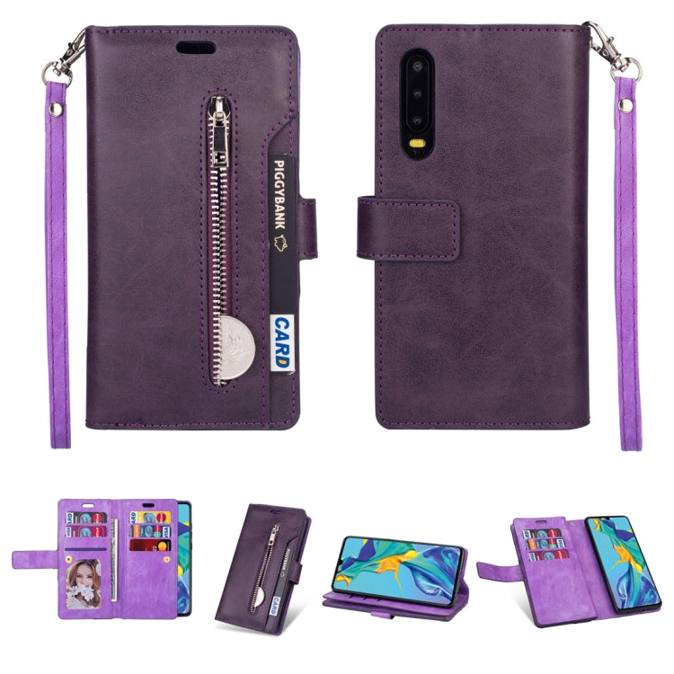 For Huawei P30 Multifunctional Zipper Horizontal Flip Leather Case with Holder & Wallet & 9 Card Slots & Lanyard