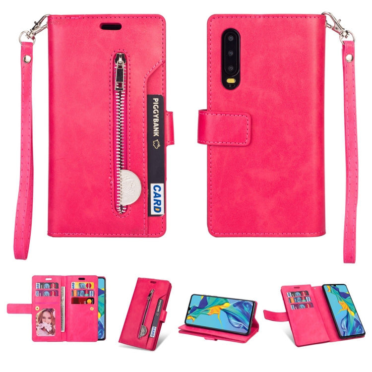 For Huawei P30 Multifunctional Zipper Horizontal Flip Leather Case with Holder & Wallet & 9 Card Slots & Lanyard