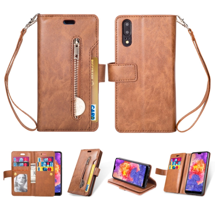 For Huawei P20 Multifunctional Zipper Horizontal Flip Leather Case with Holder & Wallet & 9 Card Slots & Lanyard