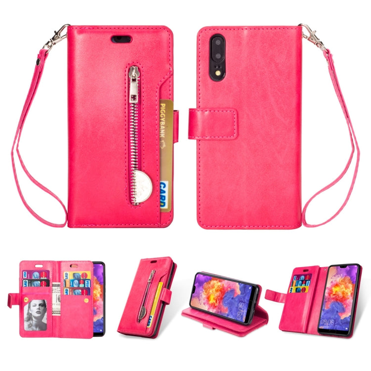 For Huawei P20 Multifunctional Zipper Horizontal Flip Leather Case with Holder & Wallet & 9 Card Slots & Lanyard