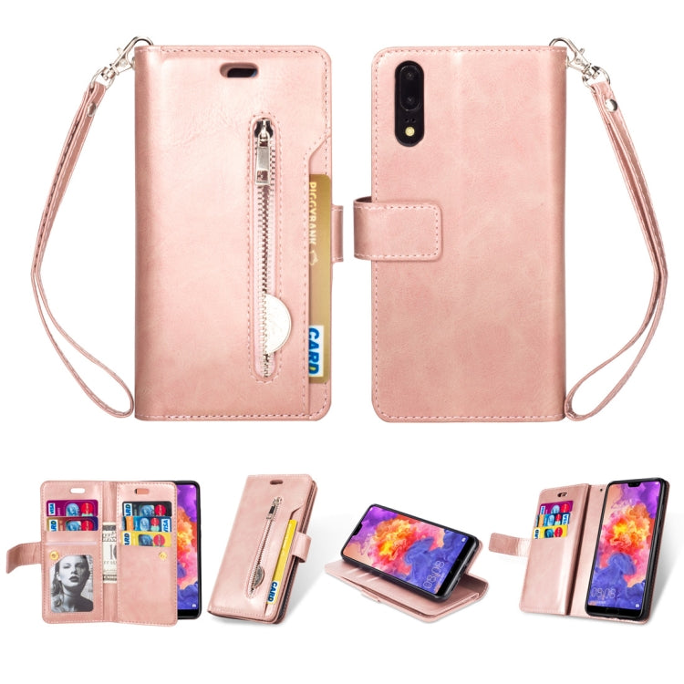 For Huawei P20 Multifunctional Zipper Horizontal Flip Leather Case with Holder & Wallet & 9 Card Slots & Lanyard