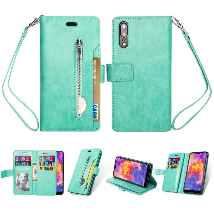 For Huawei P20 Multifunctional Zipper Horizontal Flip Leather Case with Holder & Wallet & 9 Card Slots & Lanyard