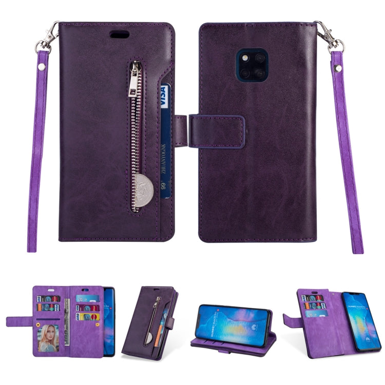 For Huawei Mate 20 Pro Multifunctional Zipper Horizontal Flip Leather Case with Holder & Wallet & 9 Card Slots & Lanyard